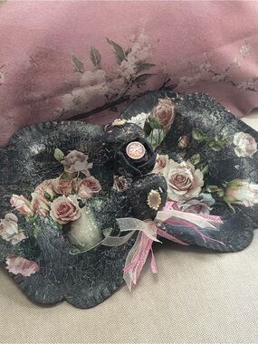 Hand Crafted Black and Pink Floral Decoupage Trinket Tray